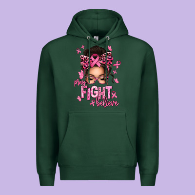 Pray Fight Believe Breast Cancer Afro Messy Bun Premium Hoodie Designed By Texasbilliewilder
