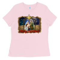 Bubblegum Pink merry christmas holy family Ladies Tee - RanaPortraitStore
