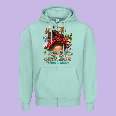 Camp Hair Dont Care Messy Bun Bbs Zipper Hoodie Designed By Bundleandbundleshop