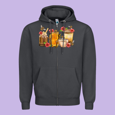 Honey And Bee With Flower Coffee Cup Zipper Hoodie Designed By Bundleandbundleshop