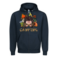 Navy Camping Braid Hair Woman With Fire Bbs Zipper Hoodie - BundleAndBundleShop