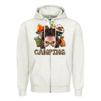 Oatmeal Heather Camping Braid Hair Woman With Fire Bbs Zipper Hoodie - BundleAndBundleShop