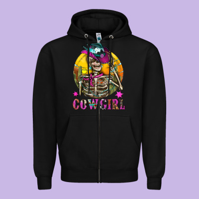 Cowgirl Skeleton With Landscape Zipper Hoodie Designed By Bundleandbundleshop