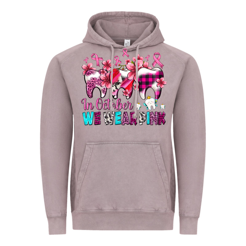 In October We Wear Pink Cancer Ribbon With Teeth Vintage Hoodie by AdoDesignShop | Teevron
