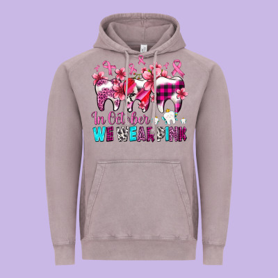 In October We Wear Pink Cancer Ribbon With Teeth Vintage Hoodie Designed By Adodesignshop