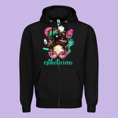 Esthetician Messy Bun With Pink Leopard Glasses Bbs Zipper Hoodie Designed By Bundleandbundleshop