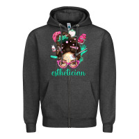 Charcoal Heather Esthetician Messy Bun With Pink Leopard Glasses Bbs Zipper Hoodie - BundleAndBundleShop