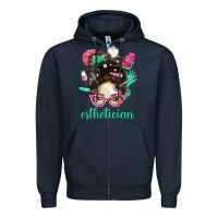 Navy Esthetician Messy Bun With Pink Leopard Glasses Bbs Zipper Hoodie - BundleAndBundleShop