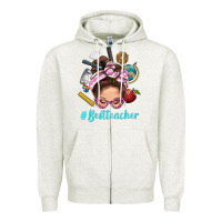 Oatmeal Heather Best Teacher Messy Bun Bbs Zipper Hoodie - BundleAndBundleShop