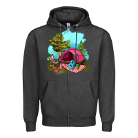 Charcoal Heather Glamping Camp And Pink Tent Zipper Hoodie - BundleAndBundleShop