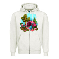 Oatmeal Heather Glamping Camp And Pink Tent Zipper Hoodie - BundleAndBundleShop