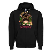 Black Glamping Messy Bun With Glamping Camp Tent Bbs Zipper Hoodie - BundleAndBundleShop