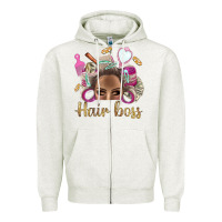 Oatmeal Heather Hair Boss Afro Messy Bun With Money Bbs Zipper Hoodie - BundleAndBundleShop