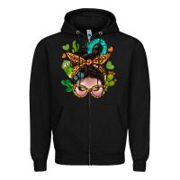 Black Western  Messy Bun With Cactus Zipper Hoodie - BundleAndBundleShop