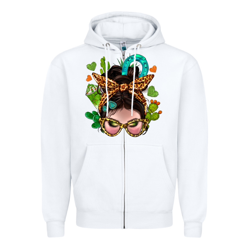 Western  Messy Bun With Cactus Zipper Hoodie by BundleAndBundleShop | Teevron