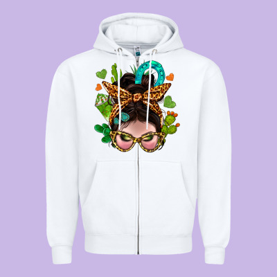 Western  Messy Bun With Cactus Zipper Hoodie Designed By Bundleandbundleshop