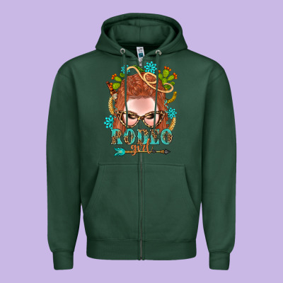 Western Rodeo Girl Braid Red Hair Zipper Hoodie Designed By Bundleandbundleshop