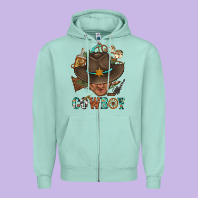 Western Cowboy Portrait With Cactus Zipper Hoodie Designed By Bundleandbundleshop