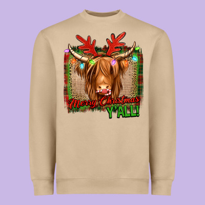 Merry Christmas Y'all Highland Cow Heavyweight Sweatshirt Designed By Jasminsmagicworld