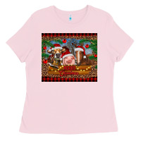 Bubblegum Pink merry christmas cow pig and horse Ladies Tee - RanaPortraitStore