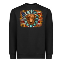 Black american flag sunflowers highland cow turquoise background Heavyweight Sweatshirt - Jasminsmagicworld