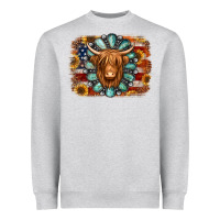 Heather Grey american flag sunflowers highland cow turquoise background Heavyweight Sweatshirt - Jasminsmagicworld