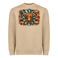 American Flag Sunflowers Highland Cow Turquoise Background Heavyweight Sweatshirt | Teevron