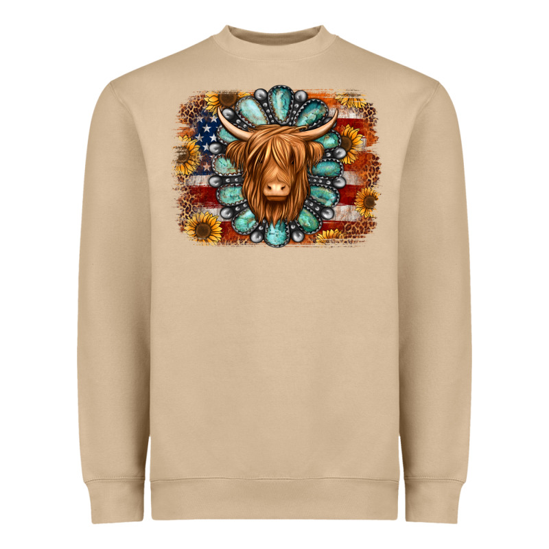American Flag Sunflowers Highland Cow Turquoise Background Heavyweight Sweatshirt by Jasminsmagicworld | Teevron