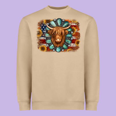 American Flag Sunflowers Highland Cow Turquoise Background Heavyweight Sweatshirt Designed By Jasminsmagicworld