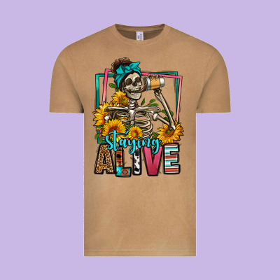Staying Alive Coffee Drinking Skeleton Vintage Tee Designed By Jasminsmagicworld