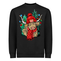 Black Red Christmas long haired Cow Heavyweight Sweatshirt - NancyCooperArtShop