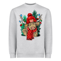 Heather Grey Red Christmas long haired Cow Heavyweight Sweatshirt - NancyCooperArtShop