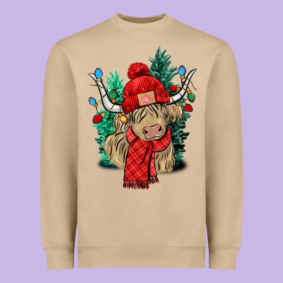 Red Christmas Long Haired Cow Heavyweight Sweatshirt Designed By Nancycooperartshop