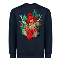 Navy Red Christmas long haired Cow Heavyweight Sweatshirt - NancyCooperArtShop