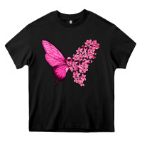 Black Pink Flowers and Breast Cancer Ribbon Butterfly Heavy Core Tee - texasbilliewilder