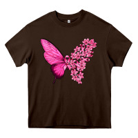 Chocolate Brown Pink Flowers and Breast Cancer Ribbon Butterfly Heavy Core Tee - texasbilliewilder