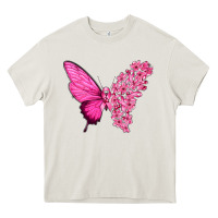 Pink Flowers And Breast Cancer Ribbon Butterfly Heavy Core Tee | Teevron
