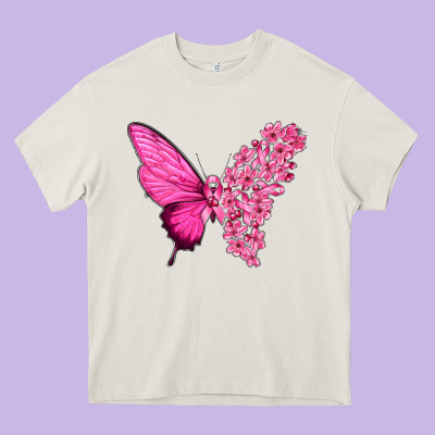 Pink Flowers And Breast Cancer Ribbon Butterfly Heavy Core Tee Designed By Texasbilliewilder