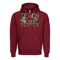 Burgundy Teach Love Inspire With Leopard Zipper Hoodie - BundleAndBundleShop