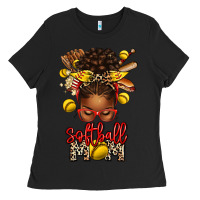 Black softball mom afro messy bun Ladies Tee - texasbilliewilder