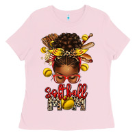 Bubblegum Pink softball mom afro messy bun Ladies Tee - texasbilliewilder
