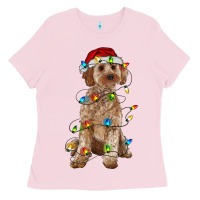 Bubblegum Pink cockapoo with christmas lights Ladies Tee - RanaPortraitStore