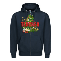 Navy Best Teacher Ever With Christmas Tree Zipper Hoodie - BundleAndBundleShop