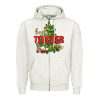 Oatmeal Heather Best Teacher Ever With Christmas Tree Zipper Hoodie - BundleAndBundleShop