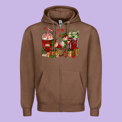 Elf Coffee Cups Christmas Zipper Hoodie Designed By Bundleandbundleshop