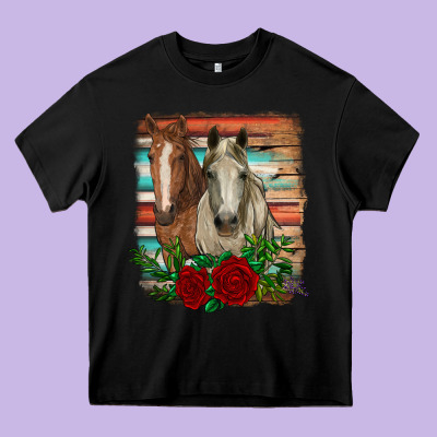 Horses With Roses Heavy Core Tee Designed By Ranaportraitstore
