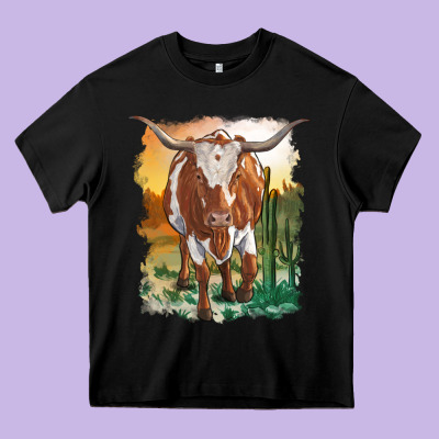 Longhorn Cow With Desert Background Heavy Core Tee Designed By Ranaportraitstore