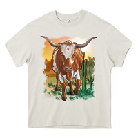 Cream longhorn cow with desert background Heavy Core Tee - RanaPortraitStore