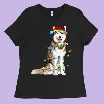Husky With Christmas Lights Ladies Tee Designed By Ranaportraitstore