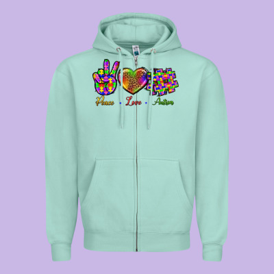 Peace Love Autism Zipper Hoodie Designed By Bundleandbundleshop